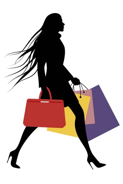 Mulher elegante com sacos de compras andando na rua . —  Vetores de Stock