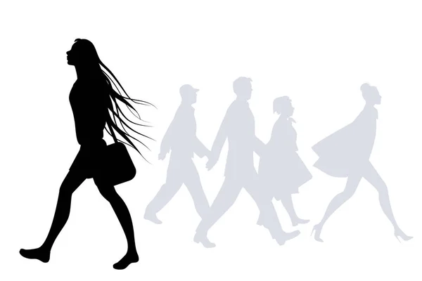 Chica adolescente con el pelo largo en el viento caminando por la calle. Silh. — Vector de stock