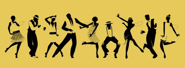 Siluetas de nueve personas bailando Charleston — Vector de stock