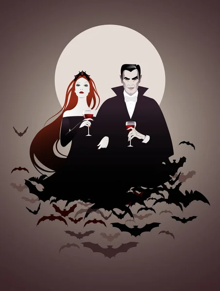 Couple of vampires on a cloud of bats holding red wine glasses — Stock Vector