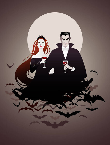 Couple of vampires on a cloud of bats holding red wine glasses