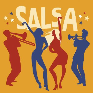 İki kız salsa dans siluetleri. Trompetçi ve tromboncu içinde belgili tanımlık geçmiş.