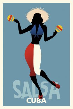 Marakas salsa dans kız silüeti. Retro tarzı Küba poster.