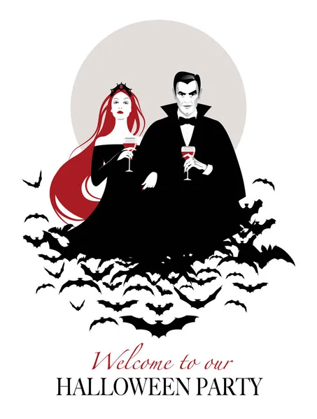 赤ワインのガラスを保持しているコウモリの雲に吸血鬼のカップル — ストックベクタ