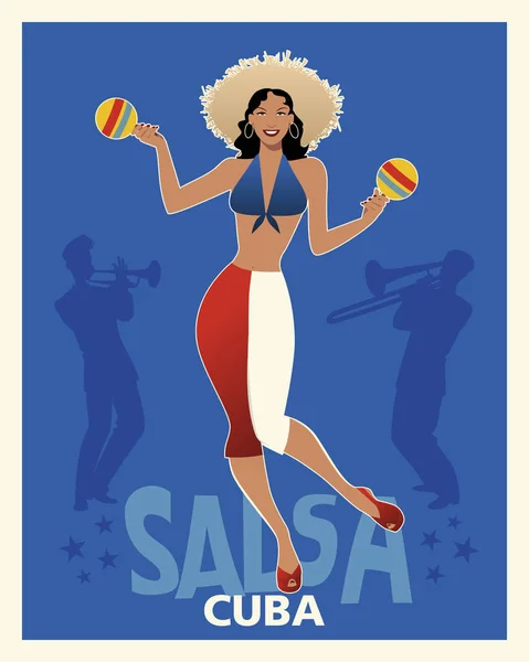 Beautiful girl dancing salsa with maracas. Retro style Cuba poster. Trumpeter and trombonist in the background. — Stock Vector