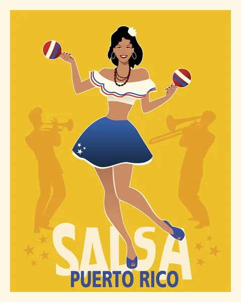 Beautiful girl dancing salsa with maracas. Retro style Puerto Rico poster. Trumpeter and trombonist in the background. — Stock Vector