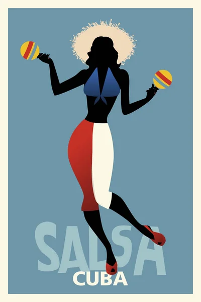 姑娘跳舞，莎莎与马拉卡斯的身影。复古风格古巴海报. — 图库矢量图片