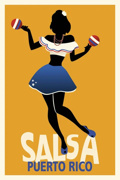 Silueta de niña bailando salsa con maracas. Cartel estilo retro de Puerto Rico . — Vector de stock