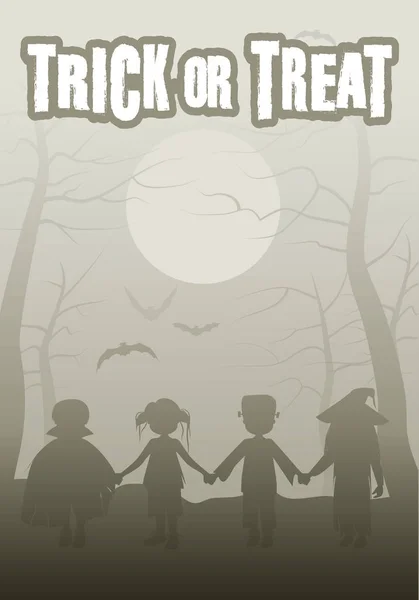 Süßes oder Saures. Kindergruppe im Wald in der Halloween-Nacht — Stockvektor