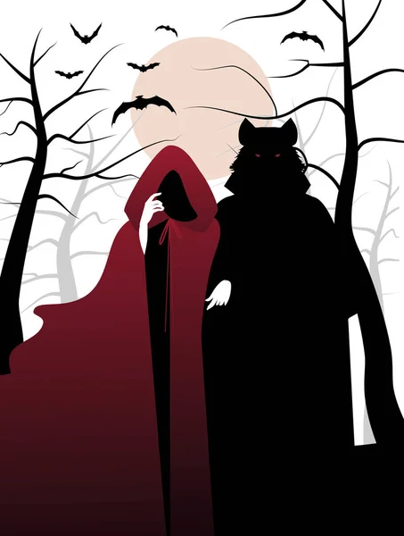 Caperucita roja y lobo en el bosque . — Vector de stock