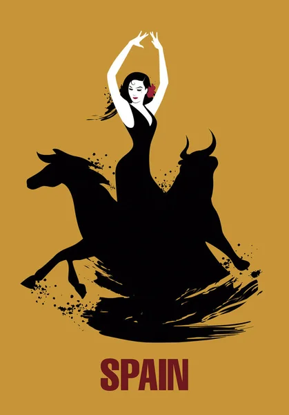 Bailarina española, toro y caballo. Ilustración vectorial — Vector de stock