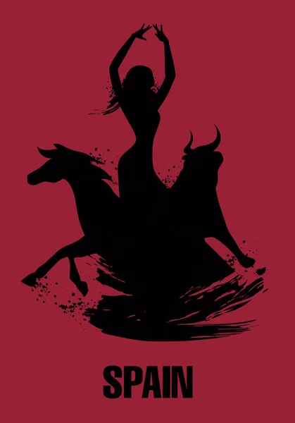 Bailarina española, toro y caballo. Ilustración vectorial — Vector de stock