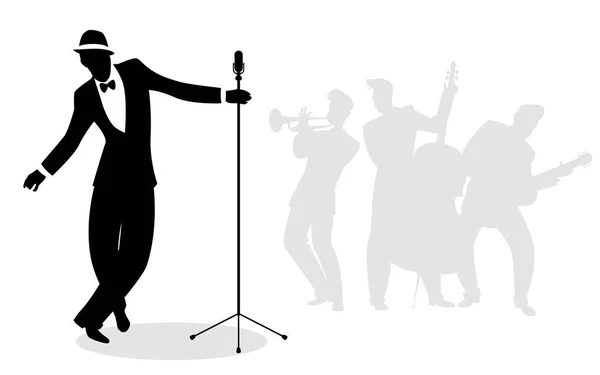Retro cantante 'crooner' silueta con músicos en el fondo — Archivo Imágenes Vectoriales