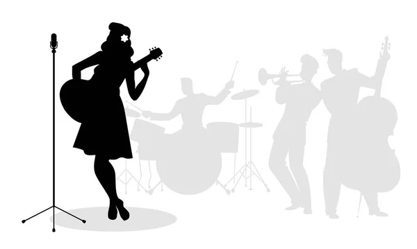 Retro énekes nő gitáros silhouette zenészek a ba — Stock Vector