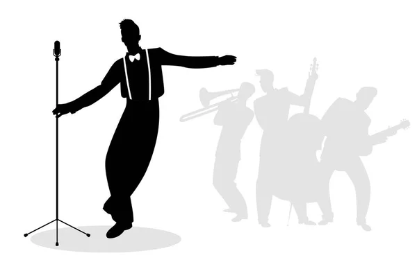 Retro singer 'crooner' silhouette with musicians in the background — Stock Vector