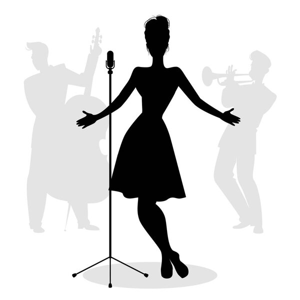 Retro singer woman silhouette with musicians in the background