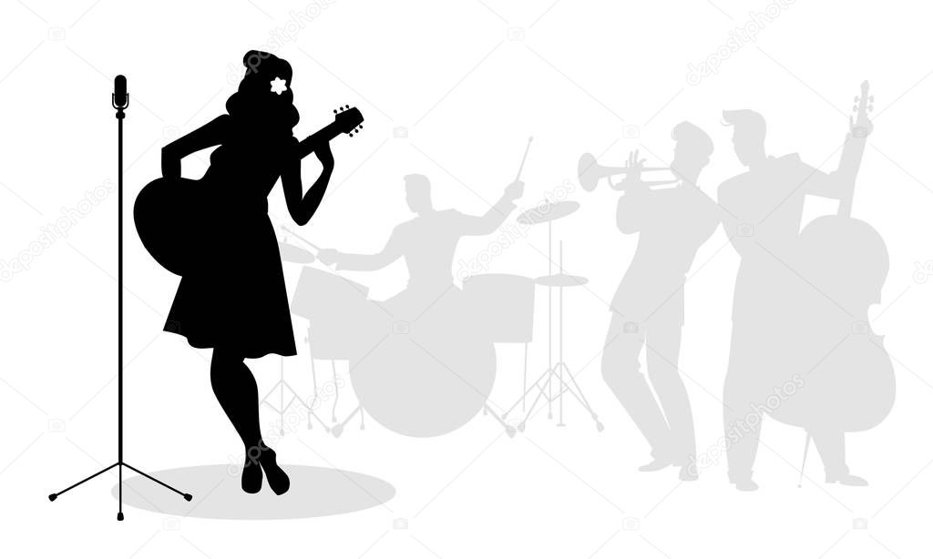 Retro singer woman guitarist silhouette with musicians in the ba
