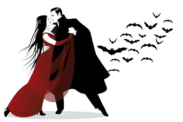 Halloween-Tanzparty. romantisches Vampirpaar tanzt in der Halloween-Nacht. — Stockvektor