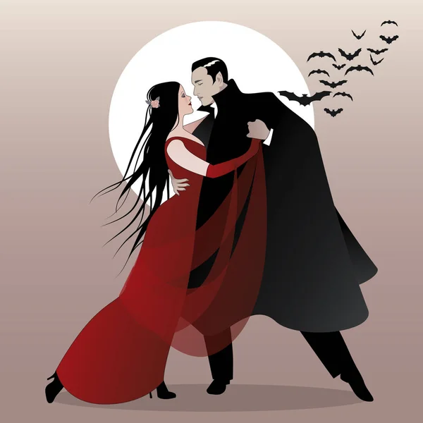 Halloween-Tanzparty. romantisches Vampirpaar tanzt in der Halloween-Nacht. — Stockvektor