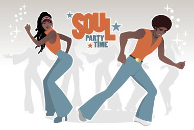 Ruh parti zamanı. Soul, funk ve disco çift dansçılar. Retro tarzı.
