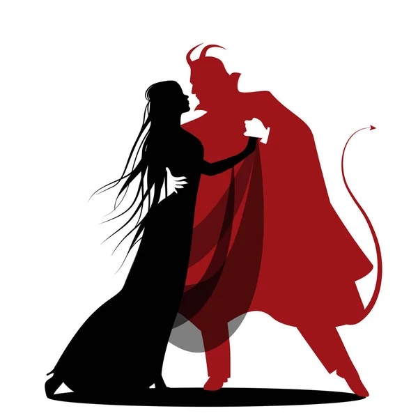 Силуэт романтического дьявольского танца с дамой. Хэллоуин. Isolated — стоковый вектор