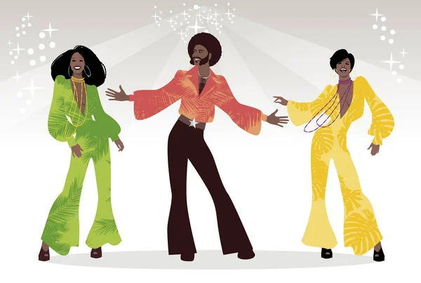 Soul mejdan. Skupina mužů a dvě dívky tančí soul, funk a disco. Retro styl. — Stockový vektor
