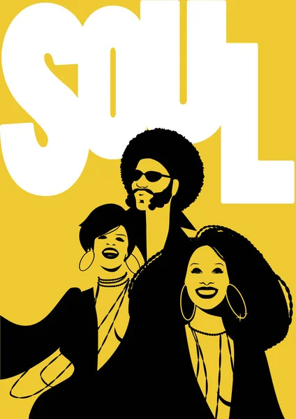 Póster de música soul. Grupo de hombres y dos chicas. Estilo retro — Archivo Imágenes Vectoriales