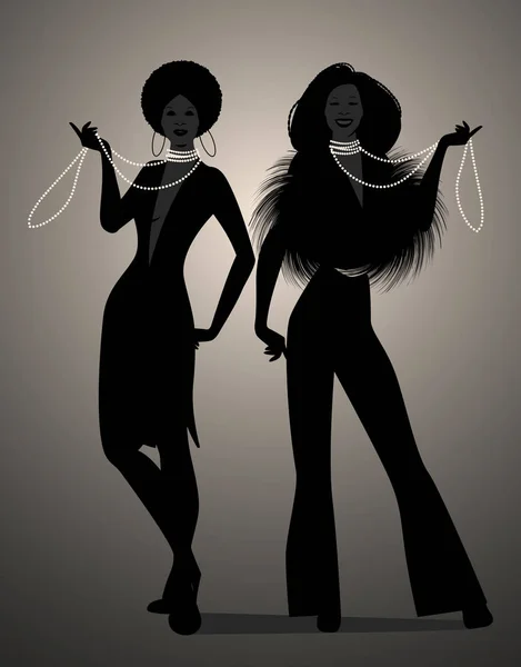 Siluetas de dos chicas bailando soul, funky o disco music style — Vector de stock