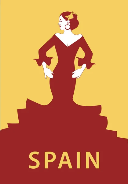 典型的なスペインの女性フラメンコ ドレスを着ています。ベクトル図 — ストックベクタ