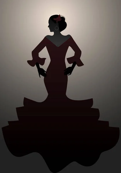 Silhouet van typische Spaanse vrouw draagt flamenco jurk. — Stockvector