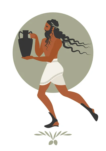 Hombre barbudo con melena al estilo de la antigua Grecia llevando ánfora — Vector de stock