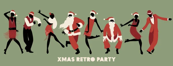 Retro Christmas party. Grupa czterech mężczyzn i cztery dziewczyny taniec Charleston — Wektor stockowy