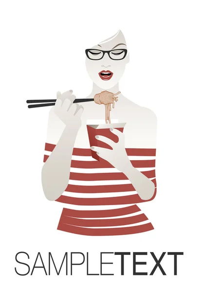 Bella ragazza con gli occhiali indossa vestiti a strisce mangiare spaghetti o tagliatelle con le bacchette. Illustrazione vettoriale su sfondo bianco — Vettoriale Stock