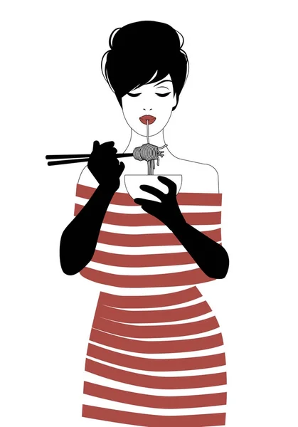 Красивая девушка в полосатой одежде и черных перчатках ест спагетти или лапшу палочками для еды. Контуры векторной иллюстрации на белом фоне — стоковый вектор