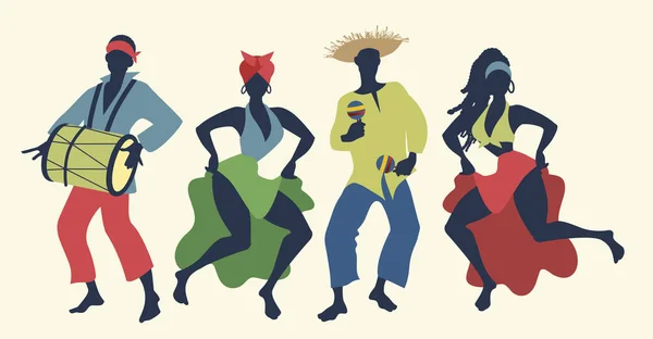 Grupo de cuatro personas bailando y tocando música latina — Vector de stock