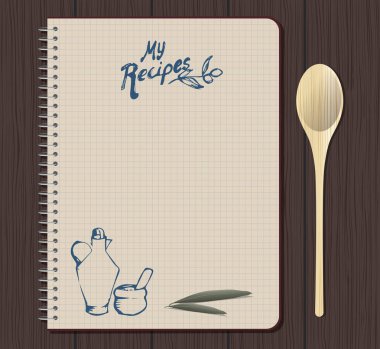 Tarifi dizüstü grafik el ile metin, Yağdanlık ve harç çizilmiş. Zeytin yaprağı. Kaşık çatal. Ahşap arka plan.