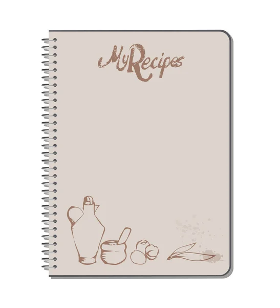 Cuaderno de recetas con texto dibujado a mano, aceite, mortero, huevos y hojas de olivo. manchas de gotas de tinta. Espacio en blanco — Vector de stock