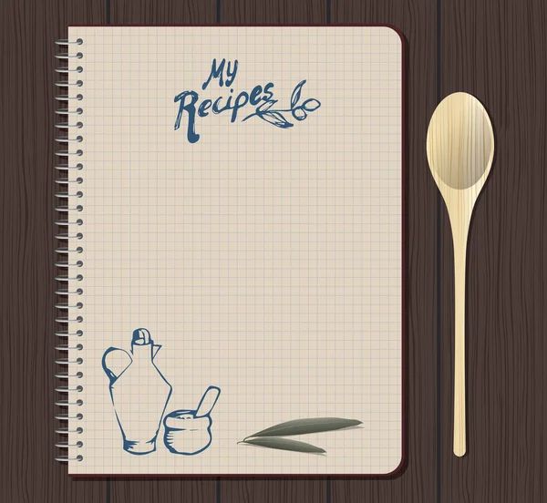 Tarifi dizüstü grafik el ile metin, Yağdanlık ve harç çizilmiş. Zeytin yaprağı. Kaşık çatal. Ahşap arka plan.