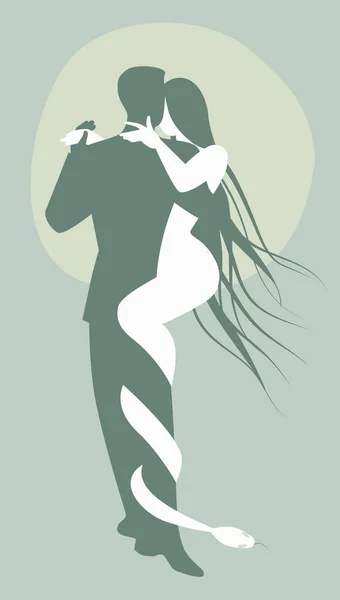Pojem hříchu. Muž tančí tango s ďáblem žena a had. — Stockový vektor
