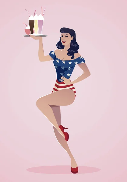 Pinup girl bär en bricka med smoothies, glass eller fryst yoghurt. Symboliska kläder av den amerikanska flaggan — Stock vektor