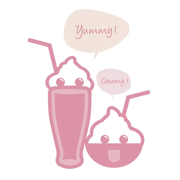 Cute ice cream, milkshake or smoothie with straws and speech balloon — Stock Vector