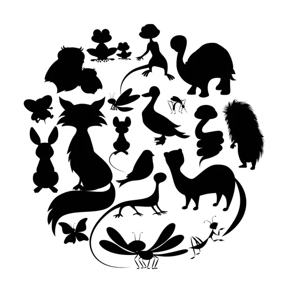 Circle of cute animals silhouettes. Mammals, amphibians, reptiles, insects and birds isolated on white background — Stock Vector