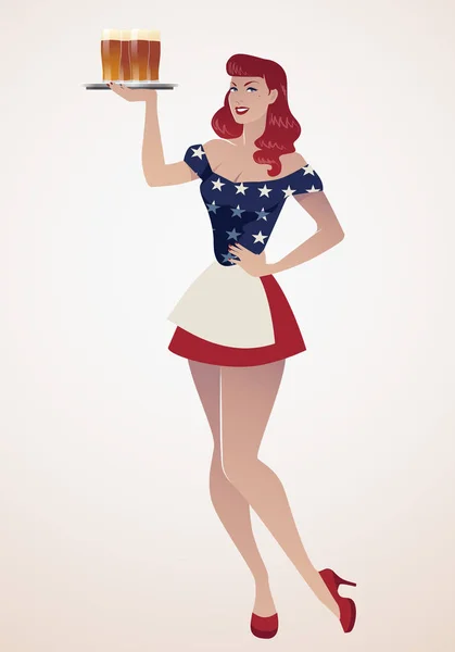 Sexy ruiva pinup menina carregando uma bandeja com copos de cerveja vestindo roupas simbólicas da bandeira americana —  Vetores de Stock