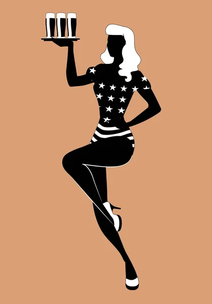 Silhouette di Pinup girl che trasporta un vassoio con bicchieri di birra indossando pantaloncini e maglione con stelle — Vettoriale Stock