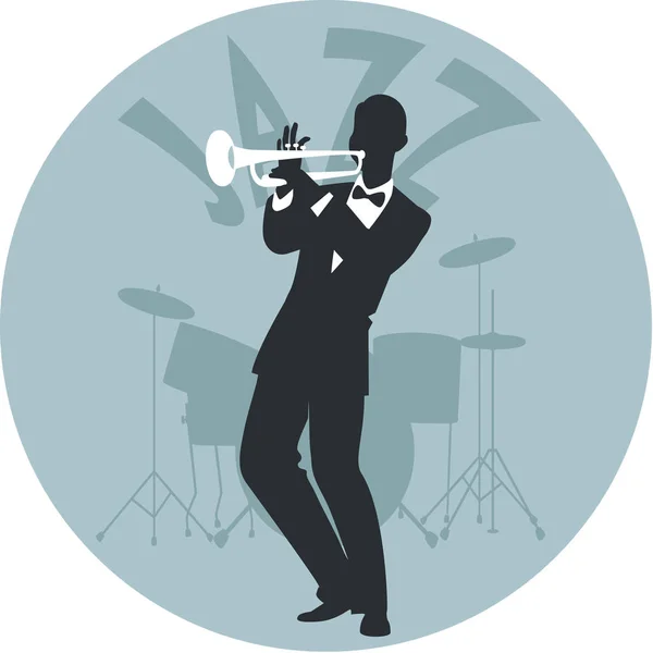 Estilo musical. Jazz. Silueta de trompetista y tambores en el fondo — Archivo Imágenes Vectoriales