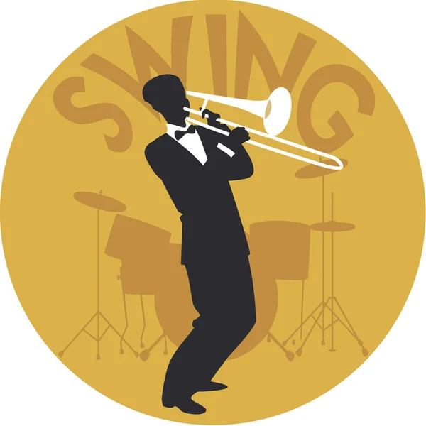 Estilo musical. Swing. Silueta de trombonista y tambores en el fondo — Archivo Imágenes Vectoriales