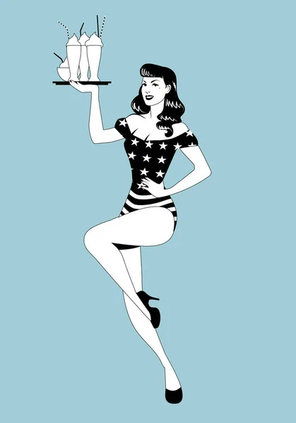 Pinup girl bär en bricka med smoothies, glass eller fryst yoghurt. Symboliska kläder av den amerikanska flaggan — Stock vektor