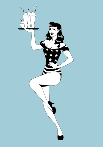 Gadis kurus membawa nampan dengan smoothie, es krim atau yogurt beku. Mengenakan pakaian simbolis bendera Amerika Stok Vektor