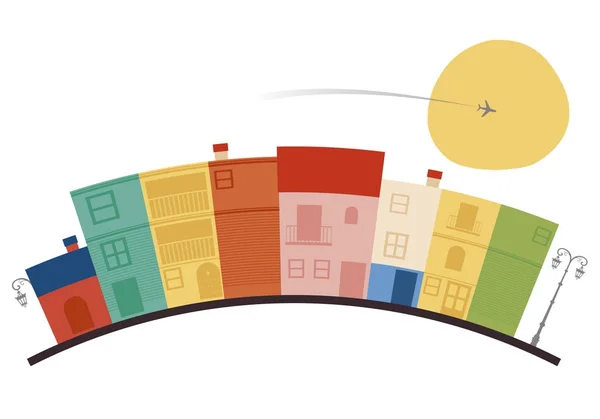 Разноцветные дома, солнце и самолет на белом фоне . — стоковый вектор