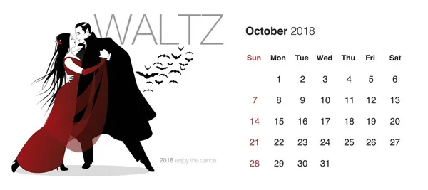 Tanzkalender 2018. Oktober. Elegantes Paar tanzt Walzer bei einer Halloween-Party und Fledermäuse im Hintergrund — Stockvektor